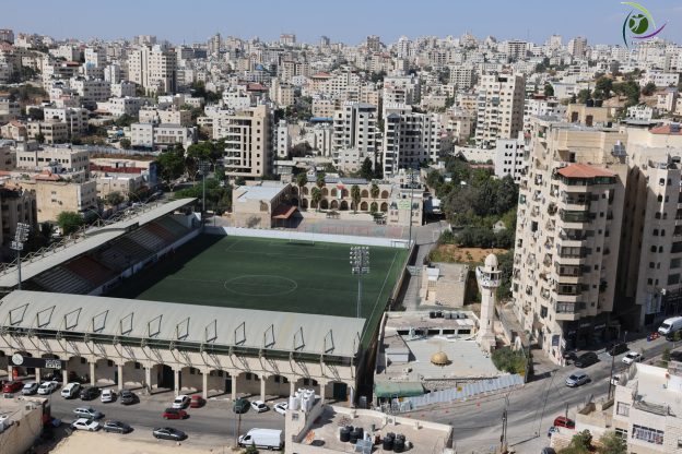 a football field in a city